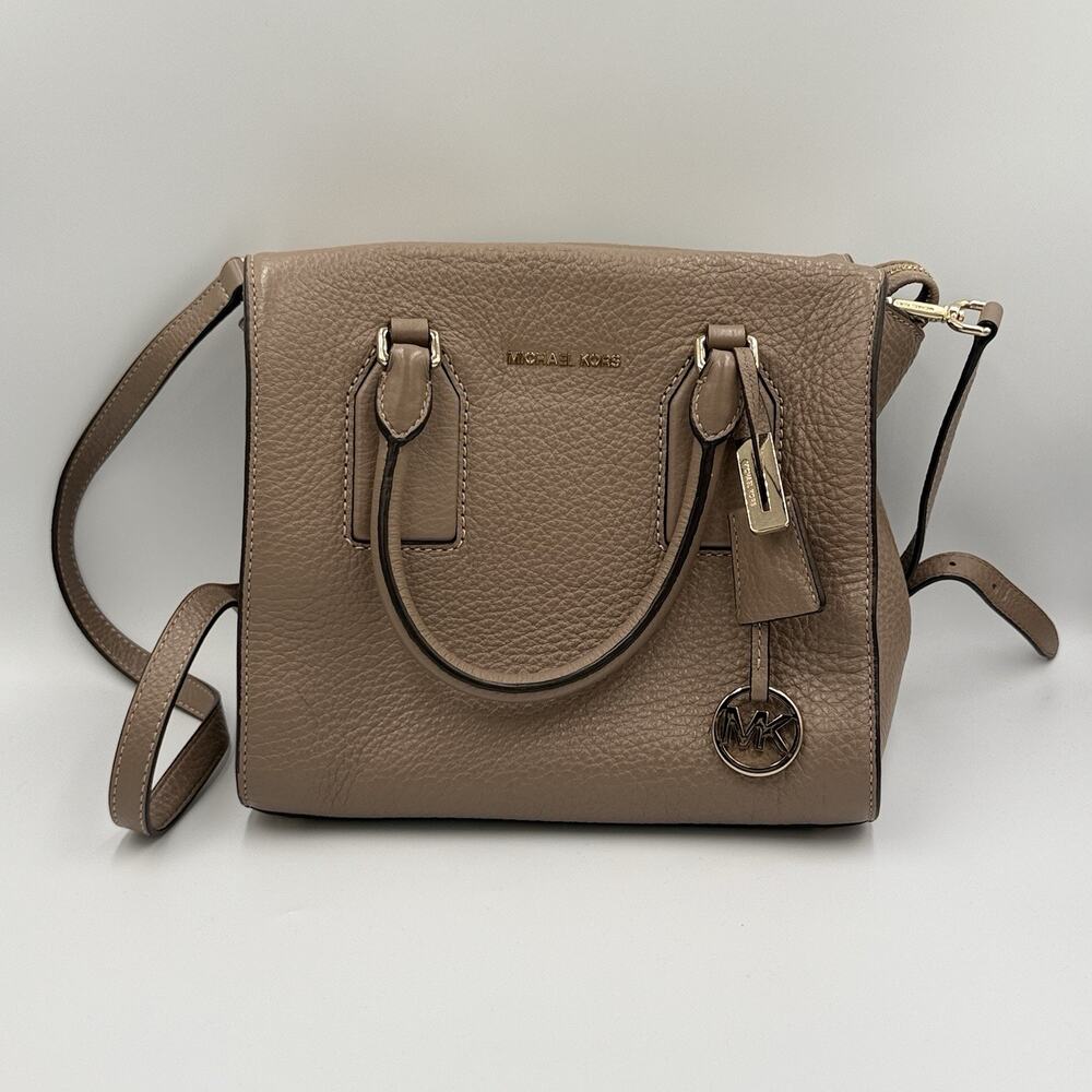 Michael Kors Taupe Pebbled Leather Satchel Crossbody Bag Gold MK Charm